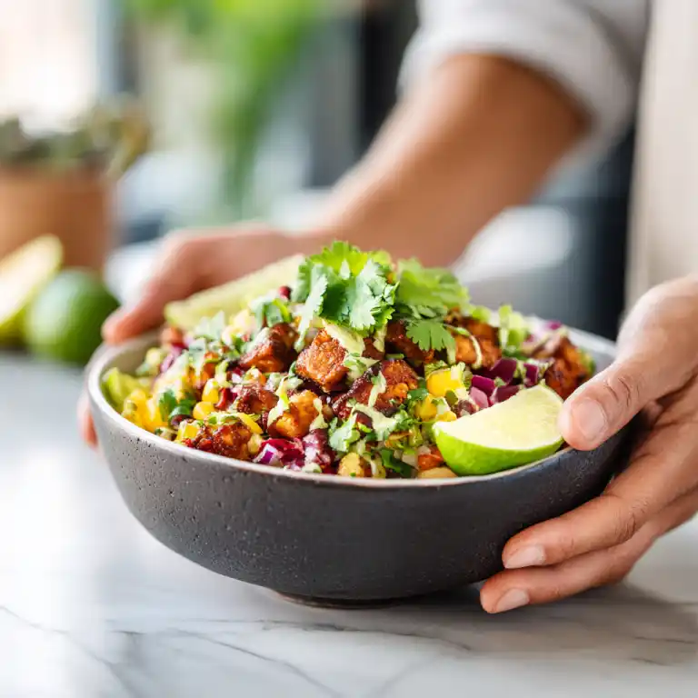 serving vegan burrito bowl with lime and cilantro