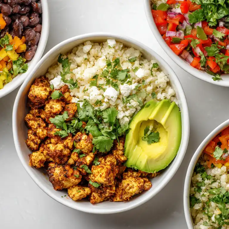 vegan burrito bowls with cauliflower rice in white bowl