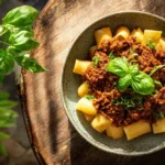 vegan lentil bolognese bowl served over rigatoni pasta