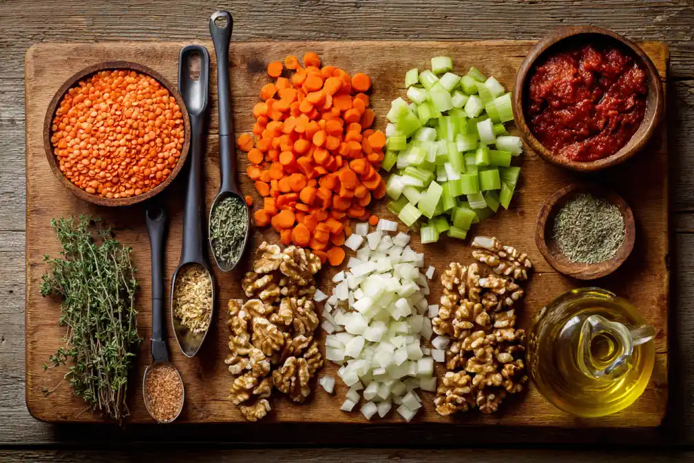 vegan lentil bolognese bowl ingredients on wooden table