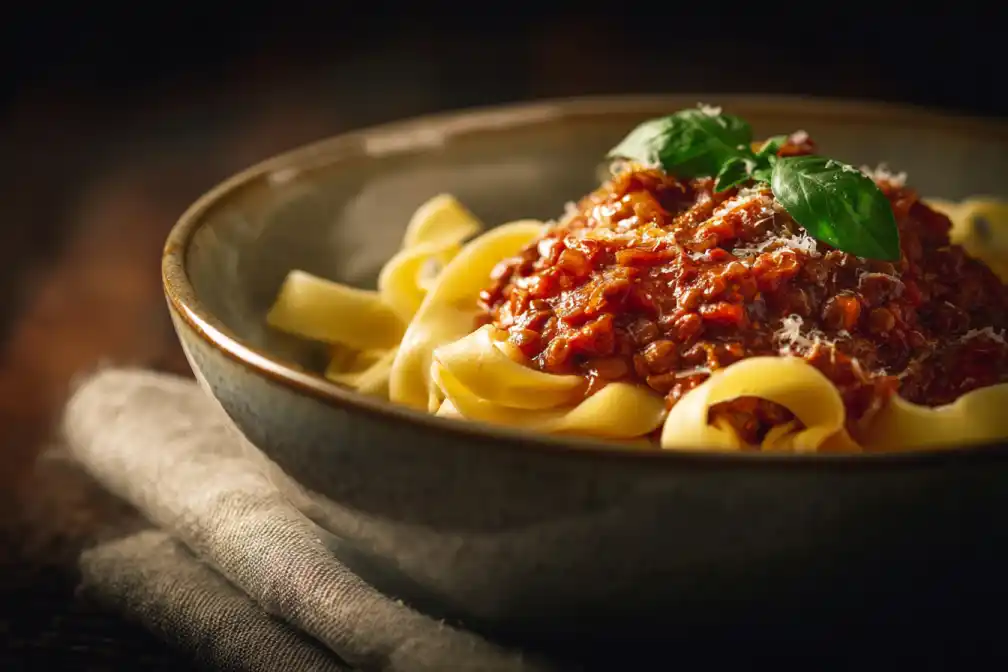 served vegan lentil bolognese bowl over tagliatelle