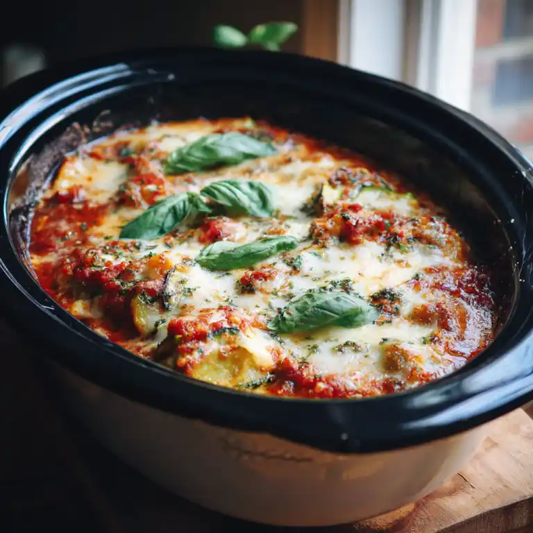vegetable lasagna slow cooker bubbling with cheese
