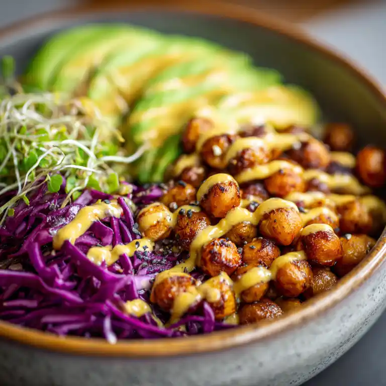 served vegetarian protein bowl with sauce