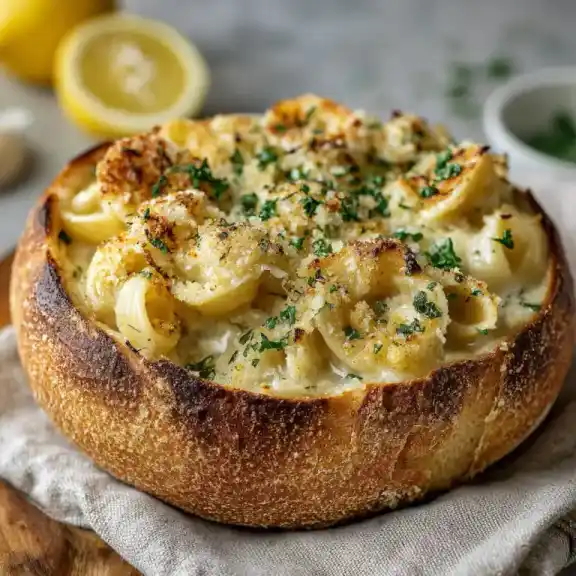 bake Boursin pasta in bread bowl with garnish