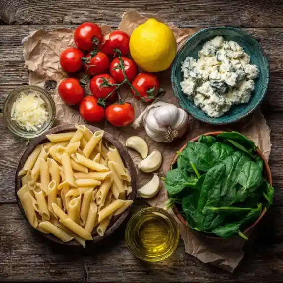ingredients for bake Boursin pasta flat lay