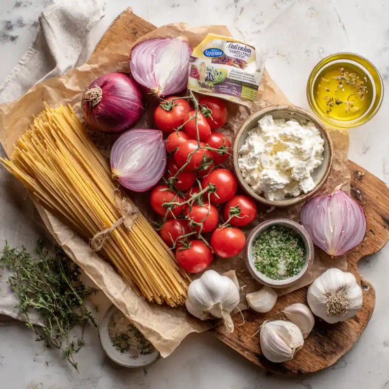 ingredients for boursin baked tomato pasta flat lay