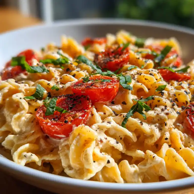 served boursin baked tomato pasta with basil garnish
