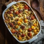 cherry tomato Boursin pasta bake in ceramic dish