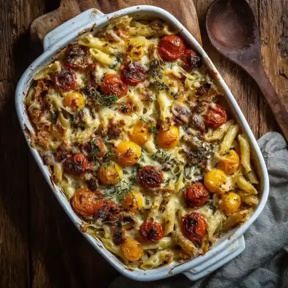 cherry tomato Boursin pasta bake in ceramic dish