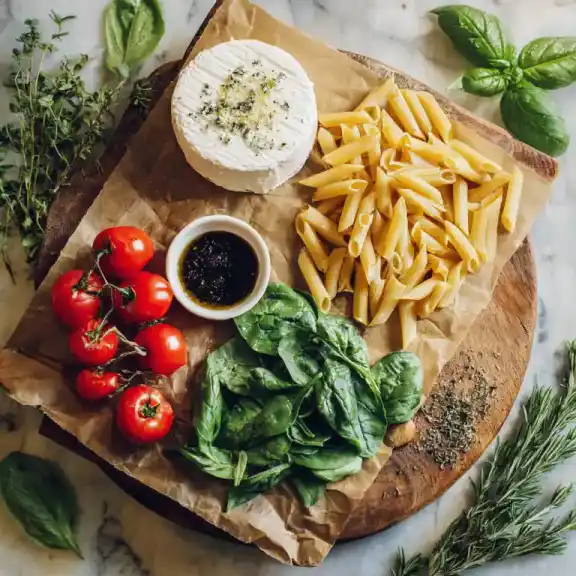 ingredients for cherry tomato Boursin pasta bake