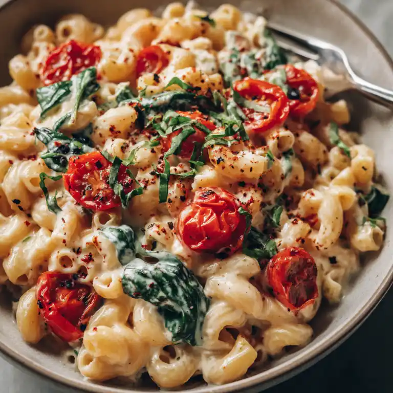 serving of cherry tomato Boursin pasta bake with garnish