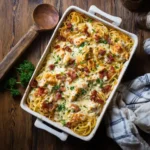 Chicken Million Dollar Spaghetti baked casserole with melted cheese
