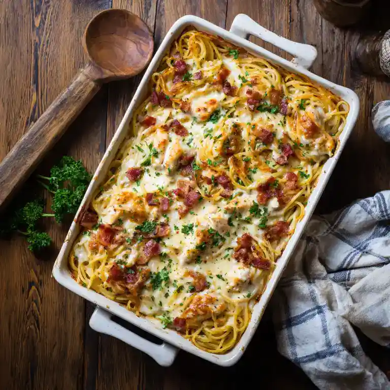 Chicken Million Dollar Spaghetti baked casserole with melted cheese