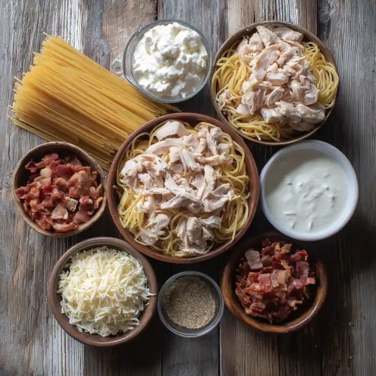 Chicken Million Dollar Spaghetti ingredients flat lay