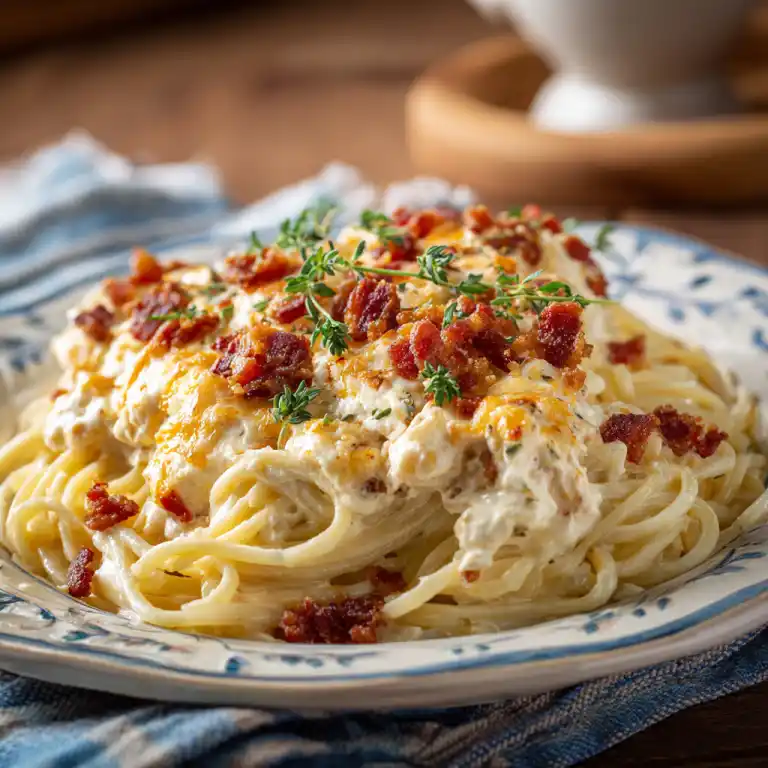Chicken Million Dollar Spaghetti plated serving with cheese