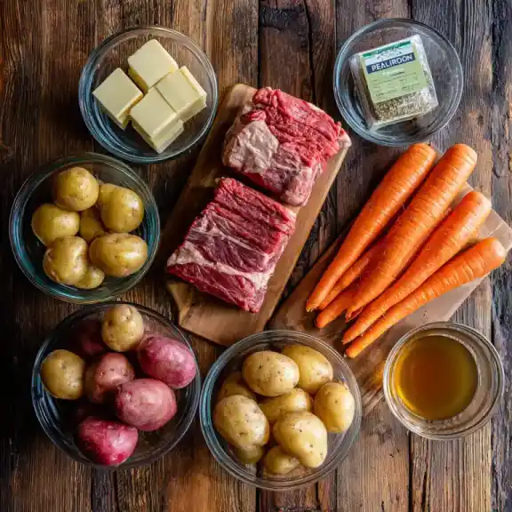 Crockpot Mississippi Pot Roast with Potatoes and Carrots ingredients on counter