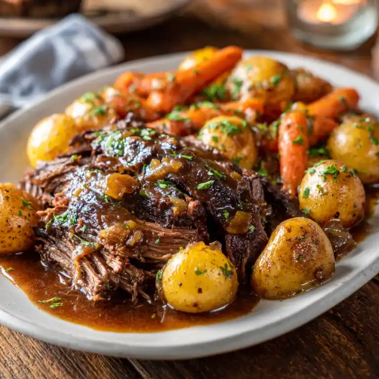Crockpot Mississippi Pot Roast with Potatoes and Carrots plated with gravy