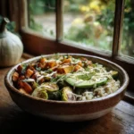 Fall Grain Bowl with roasted veggies and maple Dijon dressing