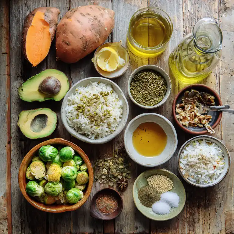 Fall Grain Bowl ingredients on rustic counter