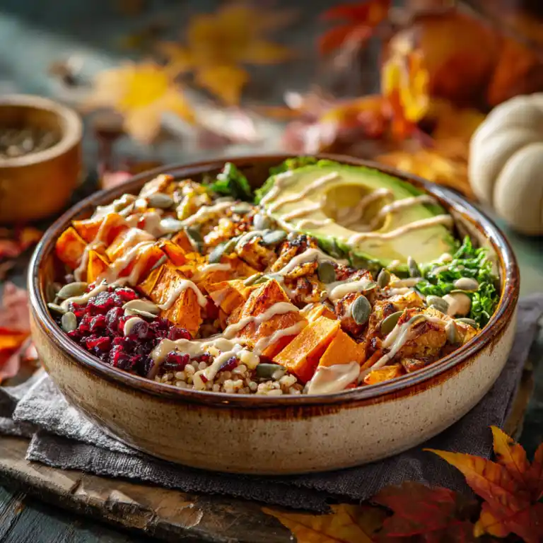 Served Fall Grain Bowl with maple Dijon dressing