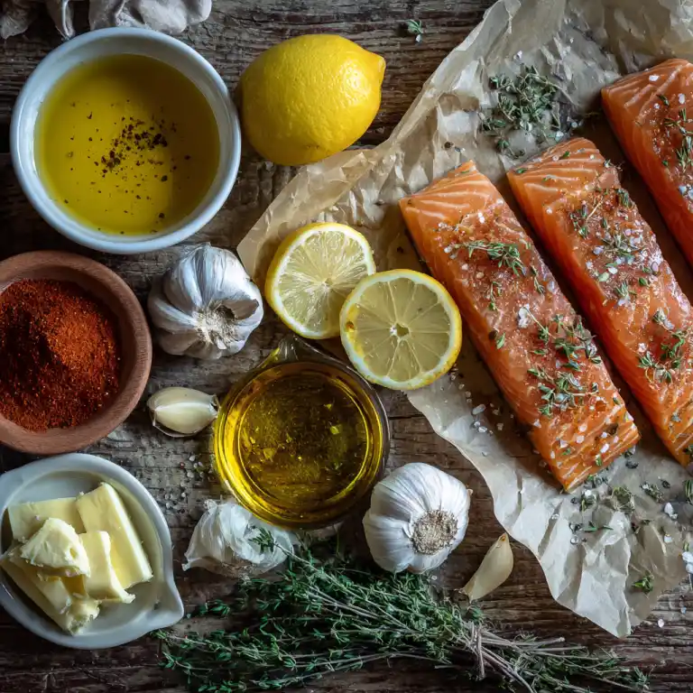 Perfectly baked Garlic Lemon Butter Salmon served on a rustic wooden table, showcasing a golden butter glaze and lemon slices for a cozy, elegant meal