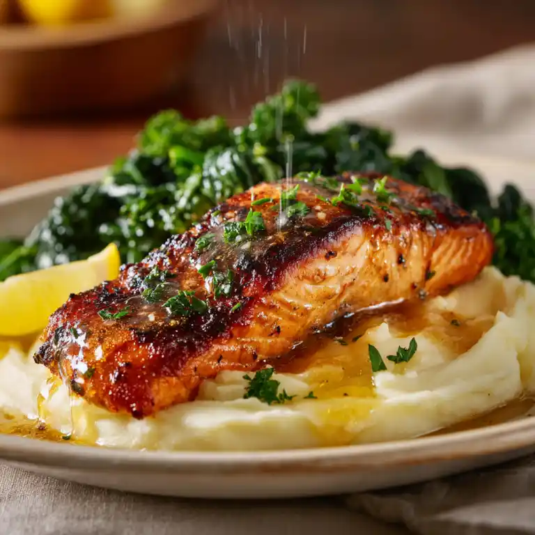 Garlic Lemon Butter Salmon served with mashed potatoes and greens