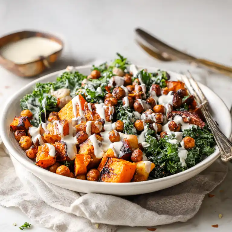 Served high protein vegan bowl with creamy dressing