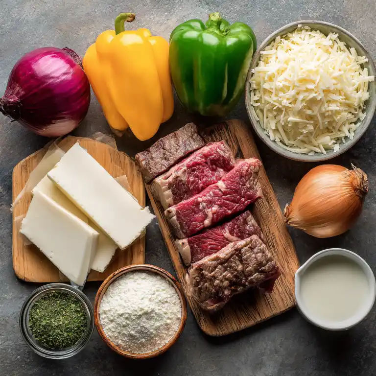 keto philly cheesesteak bowl ingredients flat lay