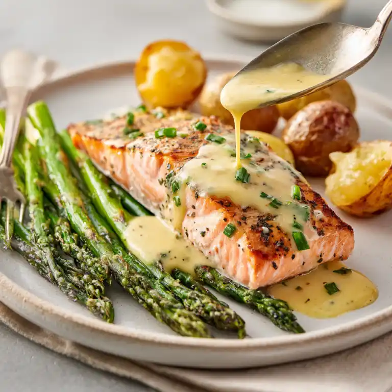 Served lemon garlic butter salmon with sides