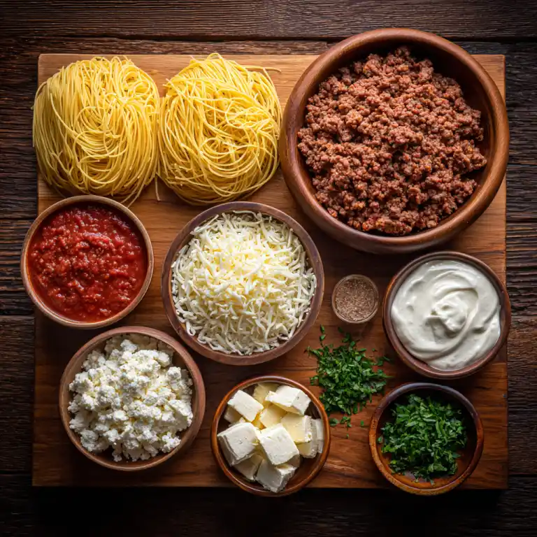 million dollar spaghetti ingredients flat lay