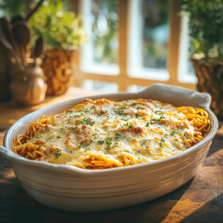 Filipino-style Million Dollar Spaghetti Panlasang Pinoy baked with golden cheese top