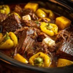 Mississippi Pot Roast Banana Peppers Slow Cooker close-up with gravy