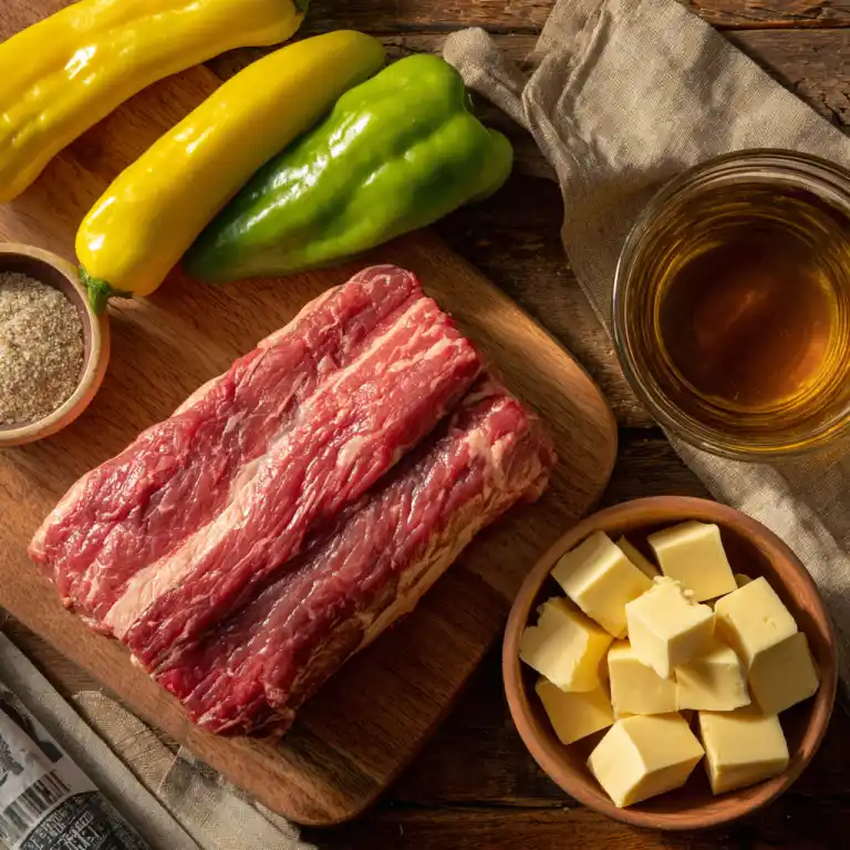 Mississippi Pot Roast Banana Peppers Slow Cooker ingredients on counter