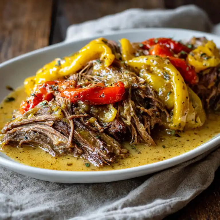 Mississippi Pot Roast Banana Peppers Slow Cooker served on platter