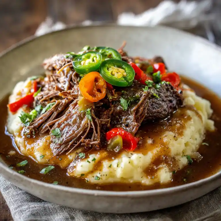 Mississippi Pot Roast Instant Pot served with mashed potatoes