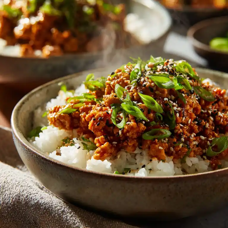 serving ground chicken buffalo bowls with rice