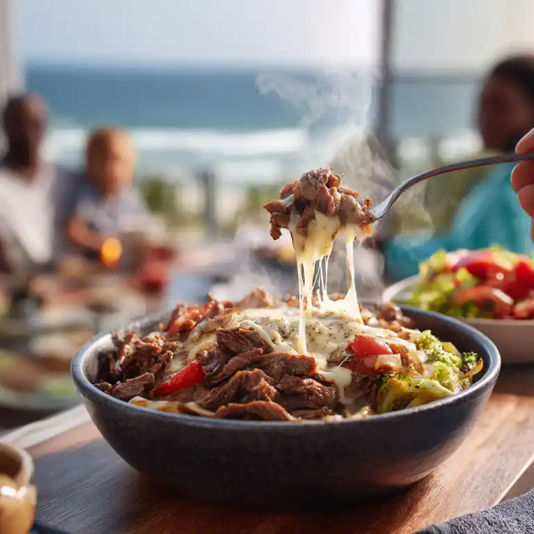 serving keto philly cheesesteak bowl creamy sauce