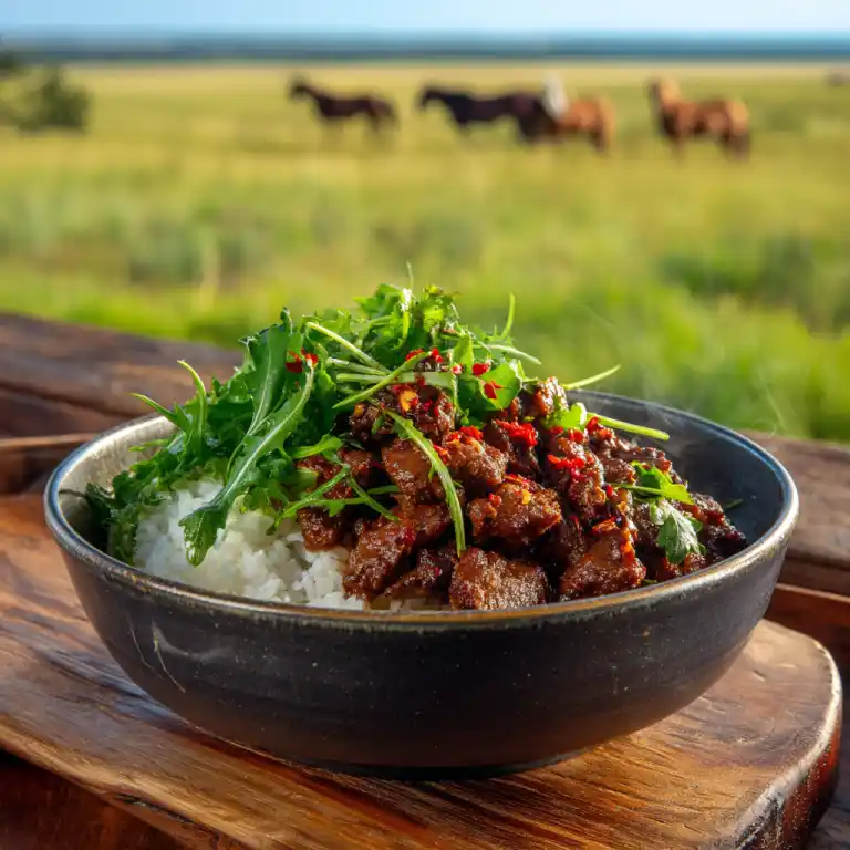 Spicy High-Protein Beef & Rice Bowl served with greens and chili