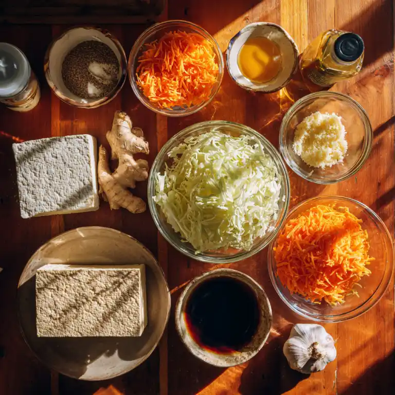Ingredients for vegan egg roll in a bowl including tofu and cabbage
