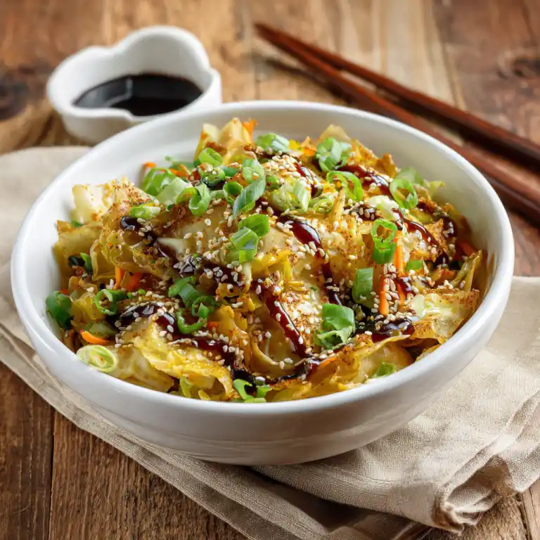 Served vegan egg roll in a bowl with sesame and scallions