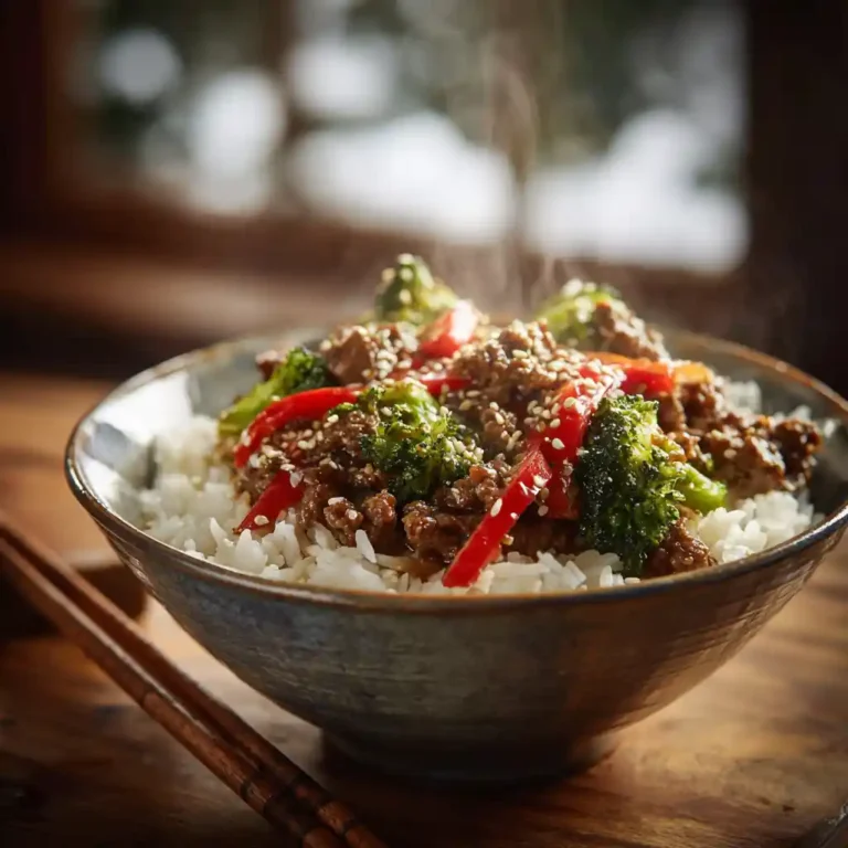 Teriyaki Beef Bowl with jasmine rice and vegetables