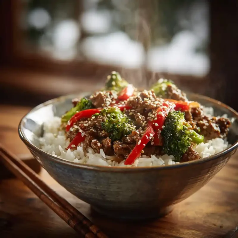 Teriyaki Beef Bowl with jasmine rice and vegetables
