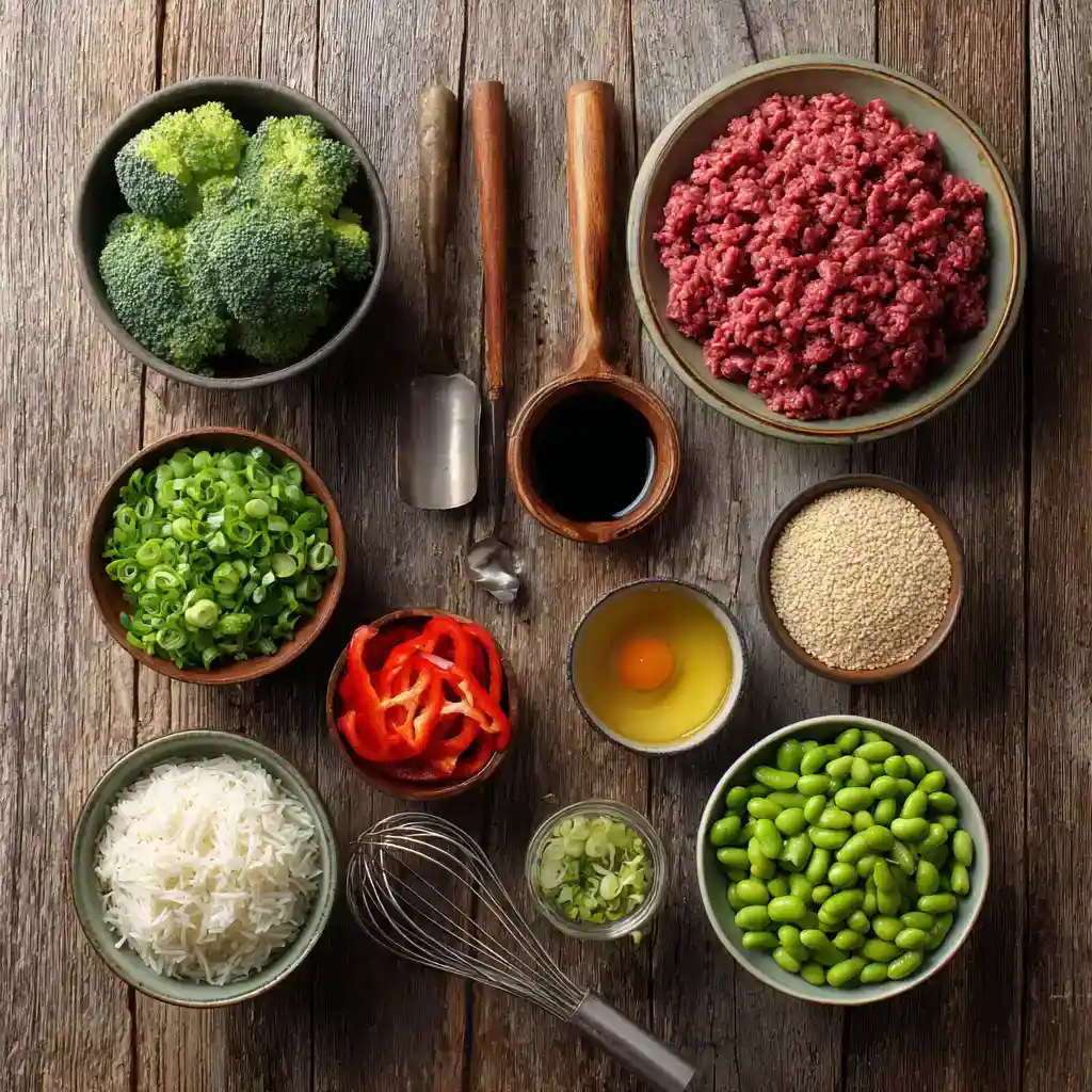 Teriyaki Beef Bowl ingredients flat lay