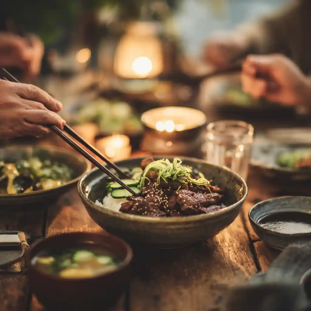Serving Teriyaki Beef Bowl at dinner table