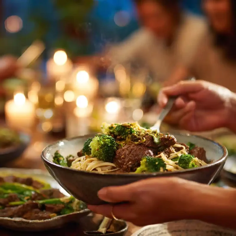 Thai beef and broccoli noodle bowl family serving