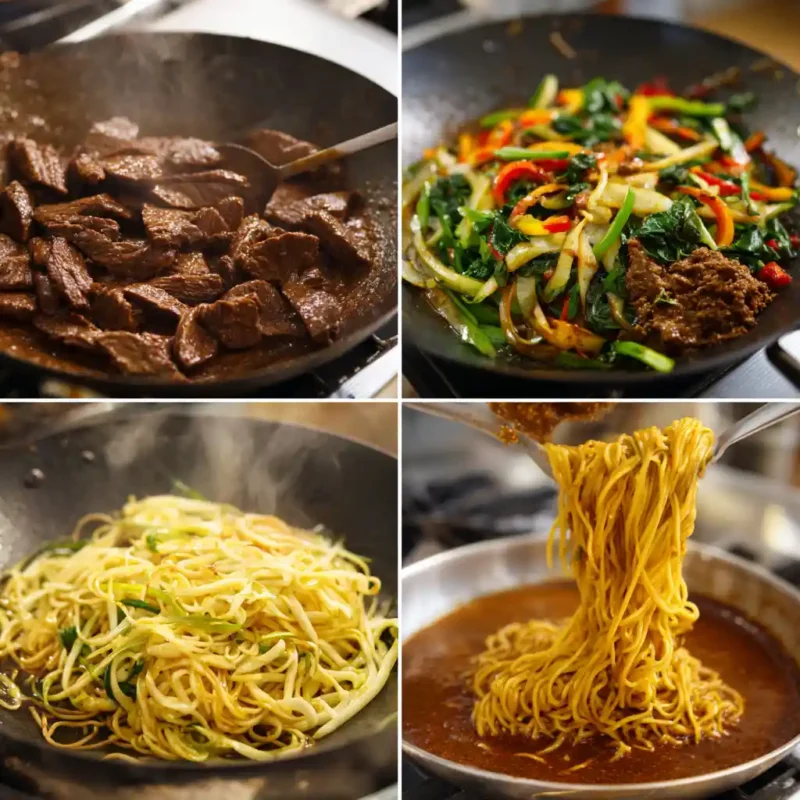 Thai beef and broccoli noodle bowl cooking steps