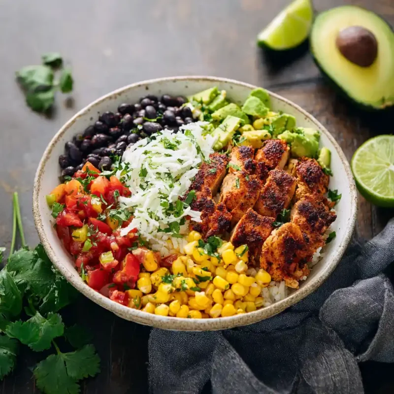Chicken burrito bowl recipe with seasoned chicken and rice