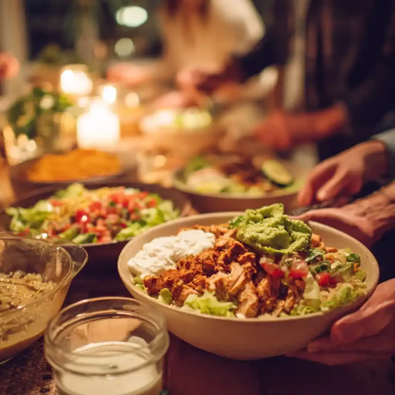 Chicken burrito bowl recipe served family style